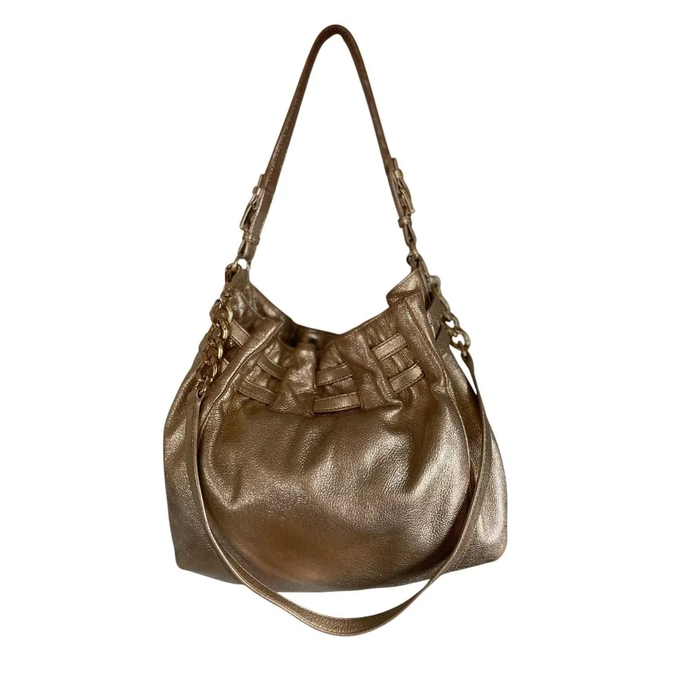 Michael Kors Vintage Y2K Metallic Bronze Leather Slouchy Hobo Bag Buckle Accent